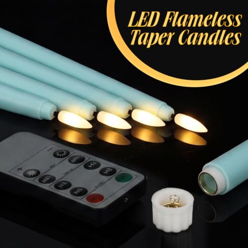 Image of Rossesay 16 Pcs Teal Flameless Taper Candles Battery Operated Candles with Remote Timer 8.5 inch 9.6 inch 10.8 inch 12.8 inch LED Flameless Flickering Candlestick for Summer Halloween Christmas Wedding Party Decor
