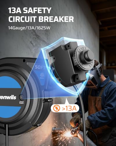 Image of DEWENWILS 50FT Retractable Extension Cord Reel, 6 Outlets,Integrated Switch | 14 /3AWG SJTOW, 180 Swivel Bracket Wall Mount, 13 Amp Circuit Breaker, ETL Listed