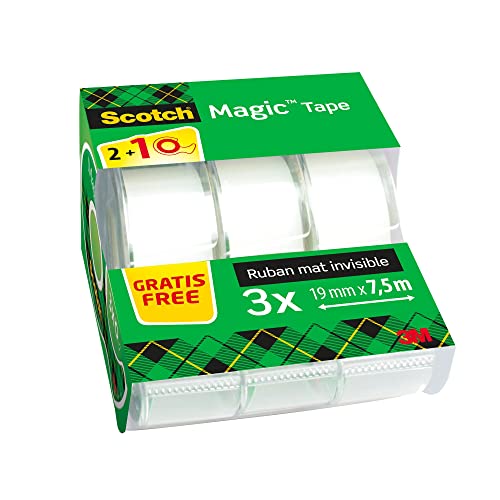 Scotch Magic Tape, Rouleaux de Ruban Adhésif Transparent avec Dévidoir, Lot de 3, Ruban de 19mm x 7.5m - Idéal pour le Bureau et l'École