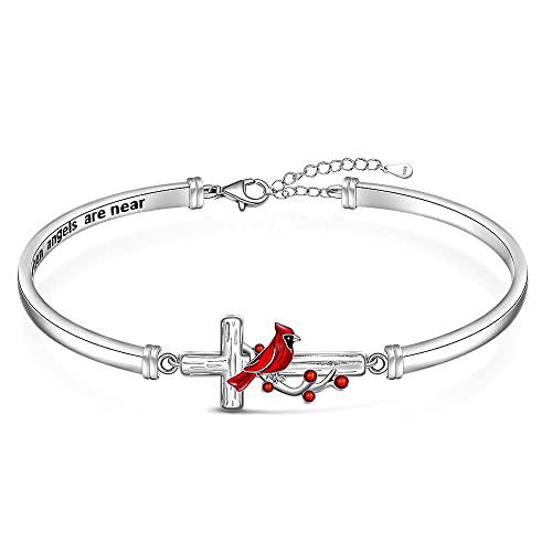 Red Cardinal Bracelet for Women Sterling Silver Cross - 'Appear When Angels are Near' Memorial Sympathy Bangle Jewelry Charms - Mother's Day Gifts