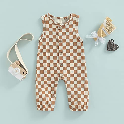 Newborn Baby Boy Girl Checkerboard Plaid Print Sleeveless Button Romper Jumpsuit Bodysuit One Piece Outfit 0-24M (Brown, 6-12 Months) #TOP1