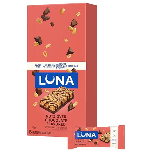 LUNA Bar - Nutz Over Chocolate Flavor - Gluten-Free - Non-GMO - 7-9g Protein - Made with Organic Oats - Low Glycemic - Whole Nutrition Snack Bars - 1.69 oz. (15 Count)