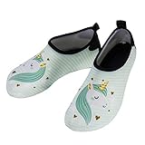 GWELL Kinder Cartooon Badeschuhe Wasserschuhe Aquaschuhe Strandschuhe Rutschfest Schnelltrocknend Schwimmschuhe Surfschuhe Strand Surfen Bootfahren für Jungen Mädchen Grün Einhorn 28-29 (EU 27/28)