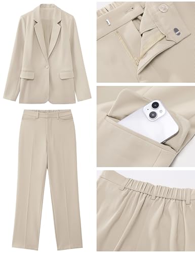 luvamia Women's Two Piece Sets Pants Suits Dressy Business Casual Outfits Professional Blazer Pantsuits Set Work Office Light Beige X-Large Fits US 16-18