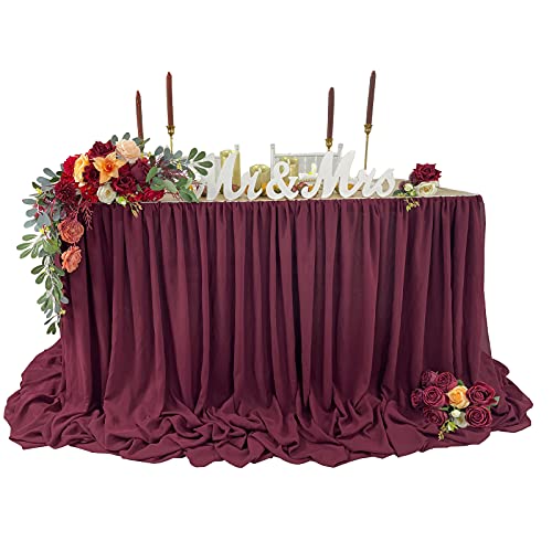 Pooling and Floating Chiffon Table Skirt with extra length, 6FT 9FT 14FT Sheer Tablecloth, Baby Shower, Birthdays Party, Main Cake Table Decoration, Wdding Table Skirt (Burgundy, 9FT)