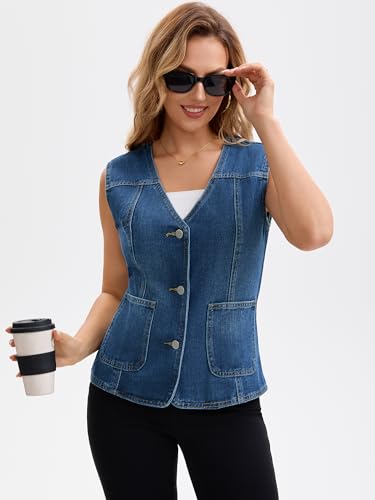 Women's Casual Denim Vest V Neck Patch Pockets Button Down Sleeveless Jean Jacket3