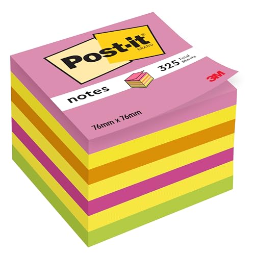 Post-it Notes Autocollantes Cube, Couleurs Neon Rainbow, 1 Bloc de 325 Feuilles, 76 mm x 76 mm, Rose, Jaune, Orange, Vert - Feuillets Adhésifs pour Prise de Notes, Listes de Tâches et Rappels