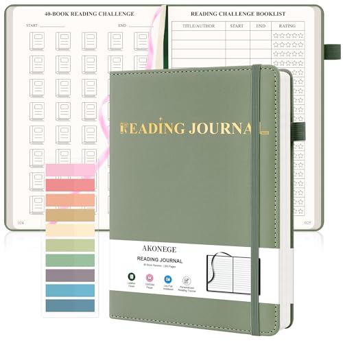 AKONEGE Reading Journal for Book Tracking - A5 PU Leather Book Journal Reading Log with 80 Reviews for Readers, Accessories with Sticky Tabs, Pen Holder, Ribbon Bookmarks, 5.6" x 8.3", Dark Green