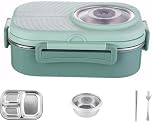 Accmuzzy 1100ml/38.7Oz Stainless Steel Lunch Container with Compartments, Salad Food Storage Box for Hot Food, Meal Prep Container with Cutlery & Thermos Insulated Design (Green)