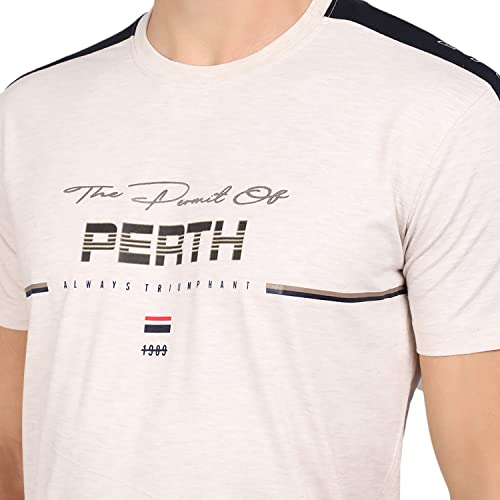 Image of Cantabil Men Off White Cotton Blend Round Neck Half Sleeve Printed T-Shirt (P MTSH00169 ECRUMELANGE)