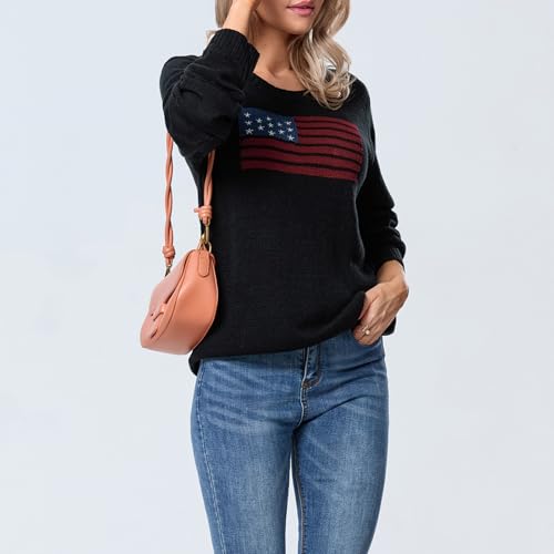 Image of Womens American Flag Sweater Long Sleeve Crew Neck Star Graphic Knit Pullover Tops Casual Loose USA Sweater