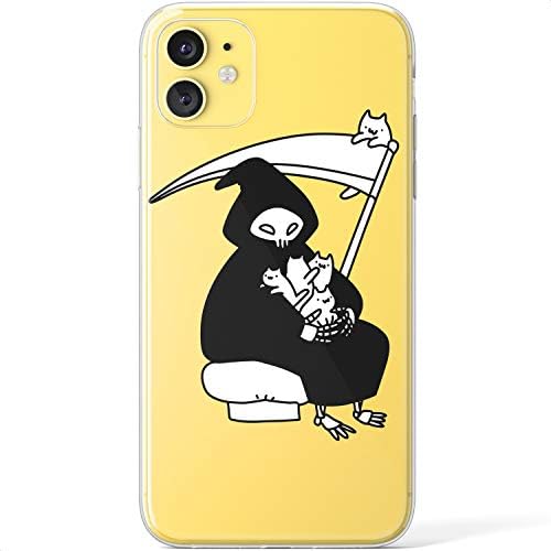 Mertak Clear Case Compatible with iPhone 14 13 Pro Max 12 Mini 11 SE Xr Xs 8 Plus 7 6s Grim Reaper Flexible TPU Protective Lightweight Cats Design Girls Scythe Cover Death Slim Silicone Funny Women