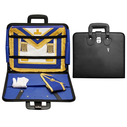 Premium Master Mason Masonic Apron & Chain Collar Case Black Imitation Leather Carrying Bag with Lock & Key Blue Lining & Soft/ Hard Handle|Freemason Storage Case (Provincial) (Soft Handle)