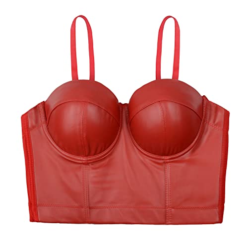 Ellacci Faux Leather Bustier Crop Top Gothic Push Up Women's Corset Top Bra Red X-Large #TOP2