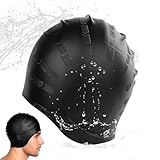 Swim Caps with 3D Ear Protection, Black Silicone Waterproof Swim Hat, Swimming Caps That Keep Hair Dry for Women Men Adult & Youth, Waterproof Swimming Fits for Long Hair, Dreadlocks, Afro & Curls