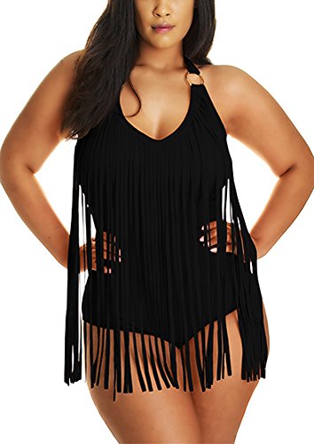 Pandolah Women Plus Size Tassel Fringe Padded Bikini Bandeau One Piece Swimsuits