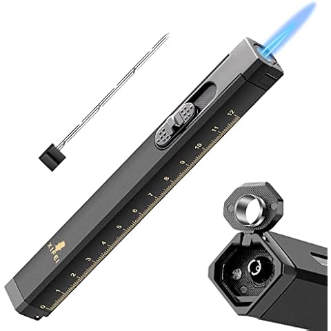 TISFA Cigar Lighter, Cigar Punch, Cigar Draw Enhancer, Cigar Length Measuring Tools, All-in-one Refillable Butane Lighter, Windproof and Portable Pen Torch Lighter (Black) Cover