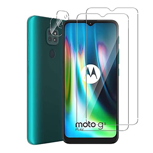 Dision [2 Pièces] Protecteur D'écran Compatible avec Moto G9 Play + [2 Pièces] Protecteur D'objectif de Caméra [Installation Facile,HD Clear,Technologie de Défense Multiple] Verre Trempé