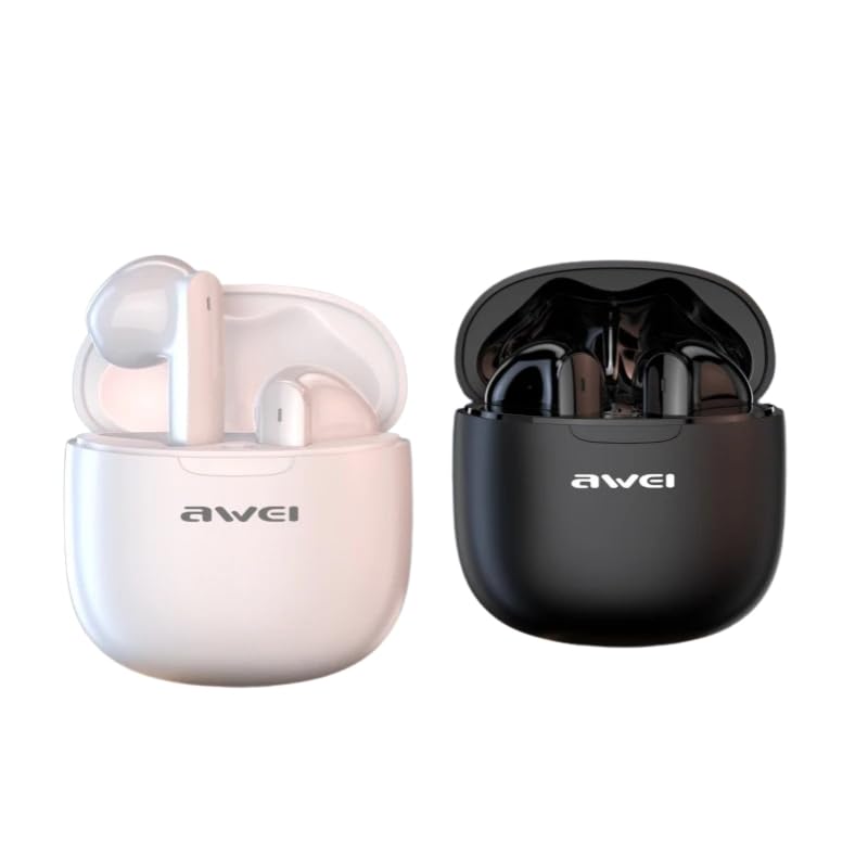 awei Original T68 ENC Wireless Earphone Noise Cancelling Bluetooth 5.3 Headphone 4 Mic ENC HD Call TWS Earbuds Deep Bass Earphones (White)