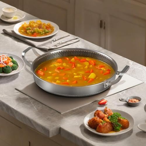 ALMEKAQUZ Stainless Steel Paella Pan, 34CM Paella Pan with Lid, Tri-Ply Nonstick Large Honeycomb Skillet, Stainless Steel Cookware, Induction Pan, Skillets for Outdoors, Camping, Parties