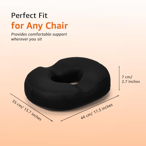Image of amazon basics Memory Foam Donut Shape Coccyx Seat Pillow in Black | Mesh & Anti Skid (44 x 35 x 7 cm)