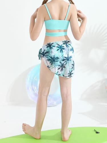 Image of 3 Pieces Girls Swimsuits Bikini Set Tropical Print Bikini Set Criss Cross Bathing Suit with Cover Up Skirt for Kids