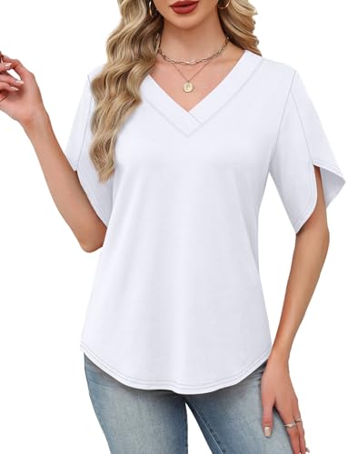 Image of WIHOLL Womens Summer Tops Short Petal Sleeve Shirts Fashion V Neck Womens Clothing
