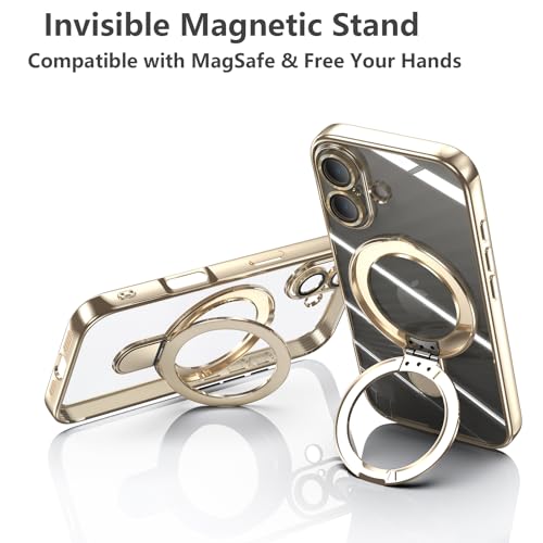Image of Magnetic Ring Case for iPhone 16 Case Kickstand Compatible with MagSafe Built-in Camera Lens Protector Shockproof Phone Case for iPhone 16 6.1 inch - Gold