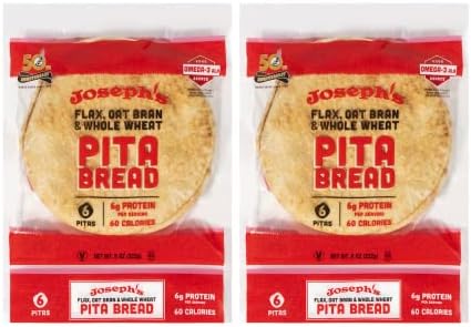 Joseph's Pita Bread Value 2-Pack, Flax Oat Bran and Whole Wheat, 7g Net Carbs per Serving, Fresh Baked (6 per Pack, 12 Pitas Total)