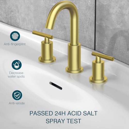 TRUSTMI 2 Handle 8 Inch Brass Bathroom Sink Faucet 3 Hole Widespread with Valve and cUPC Water Supply Hoses, with Overflow Pop Up Drain Assembly, Brushed Gold