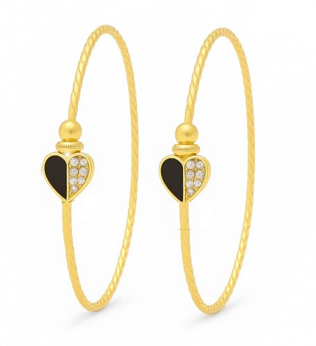 Image of Gold Plated Heart Bangle Bracelet, Twisted Rope Design with Black and Crystal Accent, Adjustable Cuff Style, Fashion Jewelry for Women