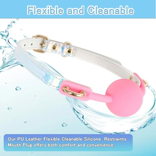 Image of DFsucces Leather Restraints Ball Mouth Plug Silicone Bondage Ball Gag Hollowed-Breathable Silicone Sex Gag Muzzles Adjustable Strap Bondage Harness Restraints( (Pink-I1)