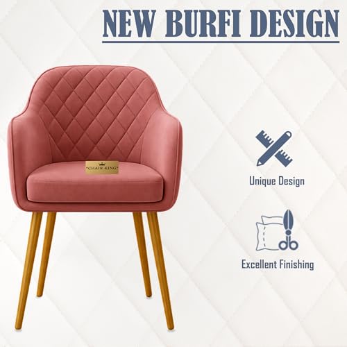 Image of Barfi Velvet Dining Chair | Set of 2 Premium Modern Upholstered Accent Chair with Armrest, Padded Seat and Metal Legs | Comfy Chair for Home, Office & Restaurents | (Onion Pink)