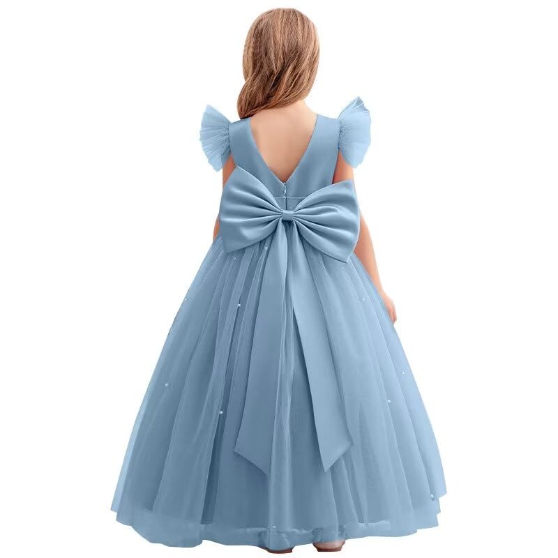 V-Back Satin Flower Girl Dress Kids Puffy Tulle Formal Dresses d Princess Pageant Dress Embellished with Pearls