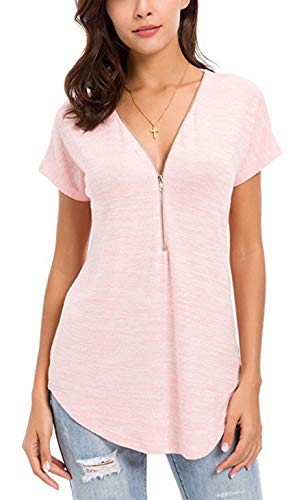Stynice Camiseta para Mujer Verano con Cremallera Tops con Cuello en v Blusa Túnica Casual Manga Corta con Cremallera