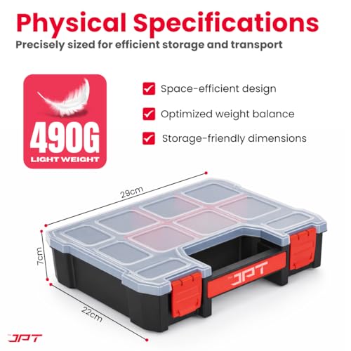 Image of JPT Small Ultra Heavy Duty Tool Organizer Box | Plastic Storage Case with Transparent Lid, 10 Compartments & 6 Removable Dividers | Portable Screws & Hardware Organiser