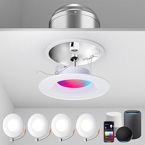 Gefolly Smart Recessed Lighting 6 Inch, Led Can Lights for Ceiling Color Changing Wi-Fi Bluetooth Connect, Dimmable Retrofit Led Recessed Lighting Compatible with Alexa & Google Assistant, 4Pack Cover