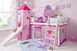 Noa & Nani Kids Mid Sleeper Bed – Solid Wood Single Loft Bunk Bed with Slide, Fairies Tent, Tower & Tunnel - Magical & Fun Pink Princess Bed Canopy for Girls Bedroom & Playroom