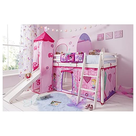 Cabin Bed Mid Sleeper in White with Fairy Tent Tower & Tunnel Kids Bunk Noa & Nani