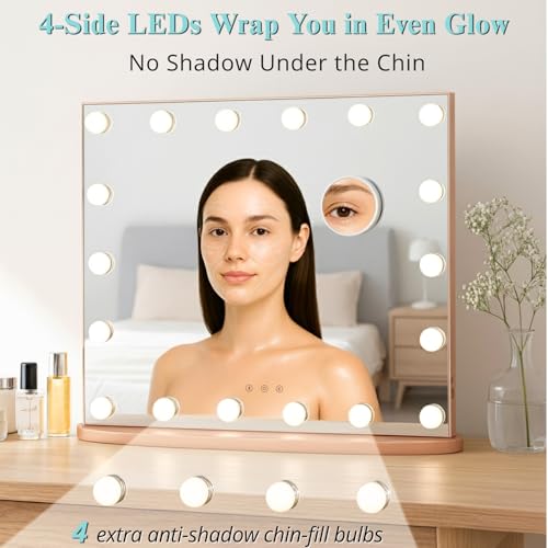 Image of LUXFURNI Vanity Mirror with Lights, 23.6 inch Hollywood Makeup Mirror Rose Gold | 18 Surround LED Bulbs, 360 Shadow-Free Lighting, 3 Color Modes, USB Charging, Tabletop & Wall Mount for Bedroom Dorm Desk