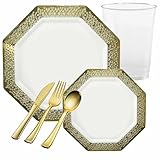 AmPower LACETAGON S LACE GOLD RIM PLASTIC TABLEWARE PACKAGE FOR ALL OCCASIONS 80
