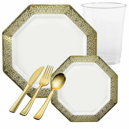 AmPower LACETAGON S LACE GOLD RIM PLASTIC TABLEWARE PACKAGE FOR ALL OCCASIONS 20