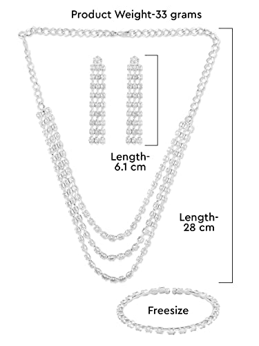 Image of ZAVERI PEARLS Silver Tone Marquise Cubic Zirconia Layered Necklace Earring & Bracelet Set For Women-ZPFK12586
