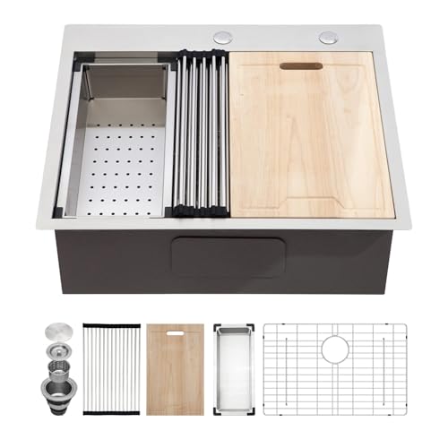 Image of Kichae 25 Inch Drop In Kitchen Sink Workstation - 25 inch x 22 inch Drop-In Kitchen Sink 16 Gauge Stainless Steel Single Bowl Ledge Workstation 25 Inch Handmade Basin