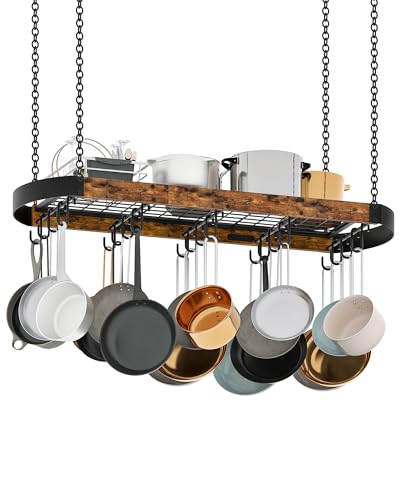 CHOEZON 39.4-Inch Hanging Pot Rack, Space-Saving Pot Hanger for Kitchen, Ceiling Pan Hanging Rack with 16 Detachable S Hooks, Sturdy Metal Frame, Industrial Style, Rustic Brown and Black TPR10BF