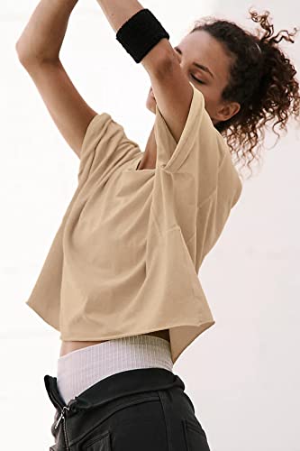 Image of HUGOOME Womens Oversized Workout Crop Top Casual Short Sleeve Boxy Roll Hem