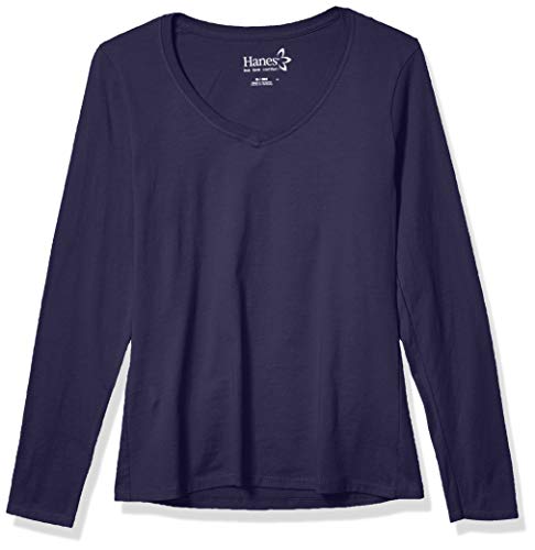 Hanes Women's V-Neck Long Sleeve Tee, Hanes Navy, Large