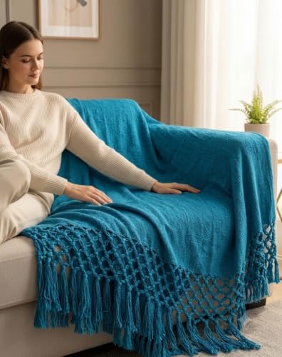 Image of HAKAM Cotton Throw Blanket with Macrame Tassels for 3 Seater Sofa | Ideal for Your Home, Living Room, Sofa, Bed, Chair, Picnic & Used for Gift - 50X70 inch (Peacock Blue, 128x178 cm)