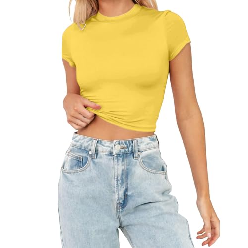 Top Glitter Fashion Casual Solid Color Short Tank Top for Women Crew Neck Knit Top Women, yellow, M Top Glitter Fashion Casual Solid Color Short Tank Top for Women Crew Neck Knit Top Women, yellow, M