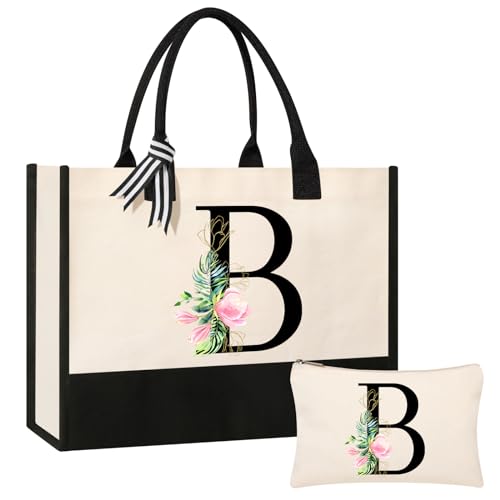 AYGE Personalized Initial Canvas Beach Bag Cosmetic Bags, Tote Bag, Makeup Bag, Gifts for Sister Mom Teacher Bridesmaid